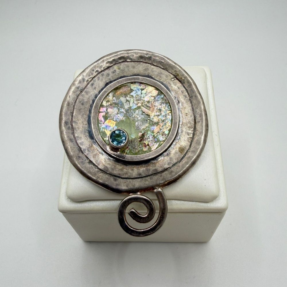 Amazing, Israel made sterling silver Roman Glass, Blue Topaz Pin/Brooch/Pendant!
